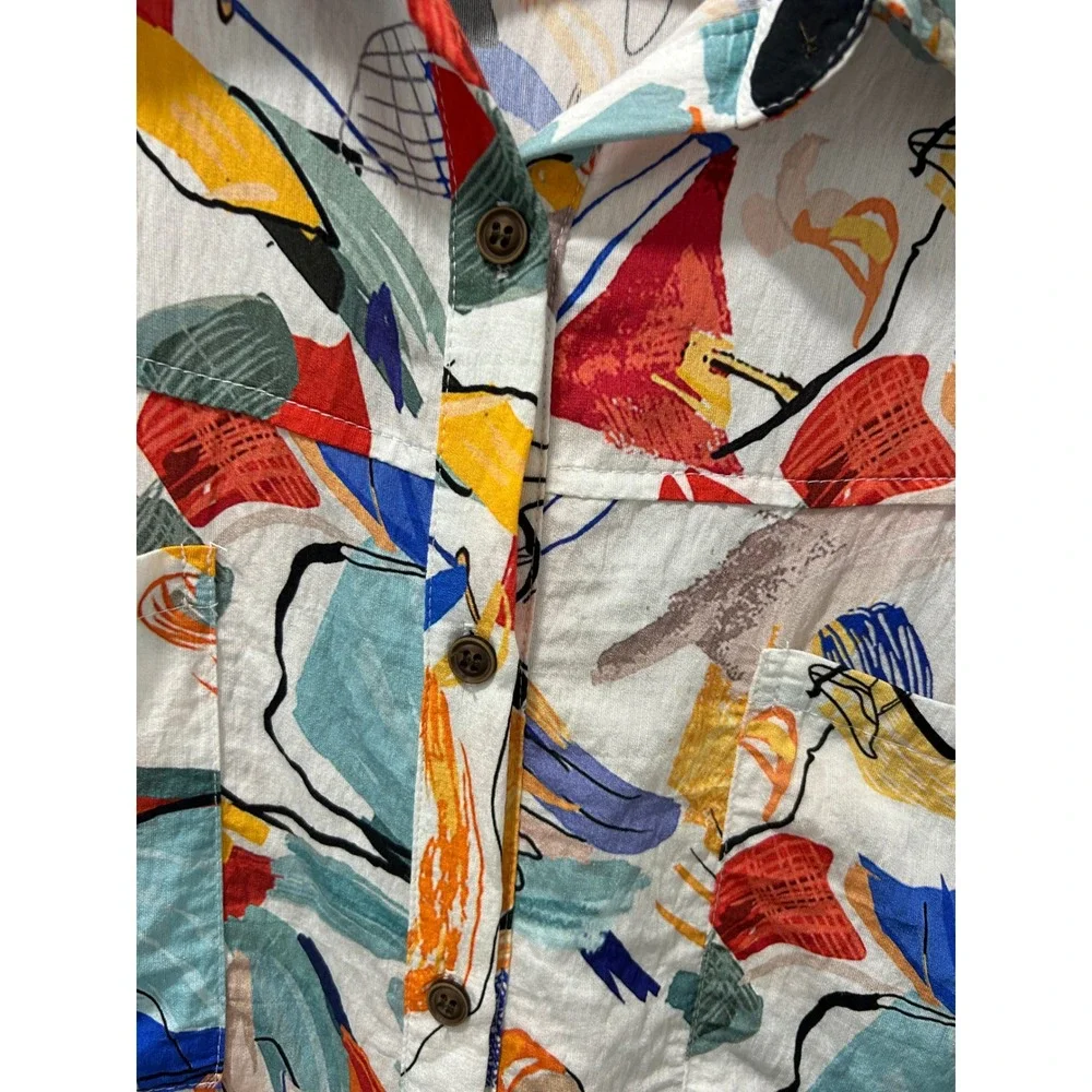 Histor Womens Abstract Art Print Short Sleeve Button Down Shirt Multi Color L